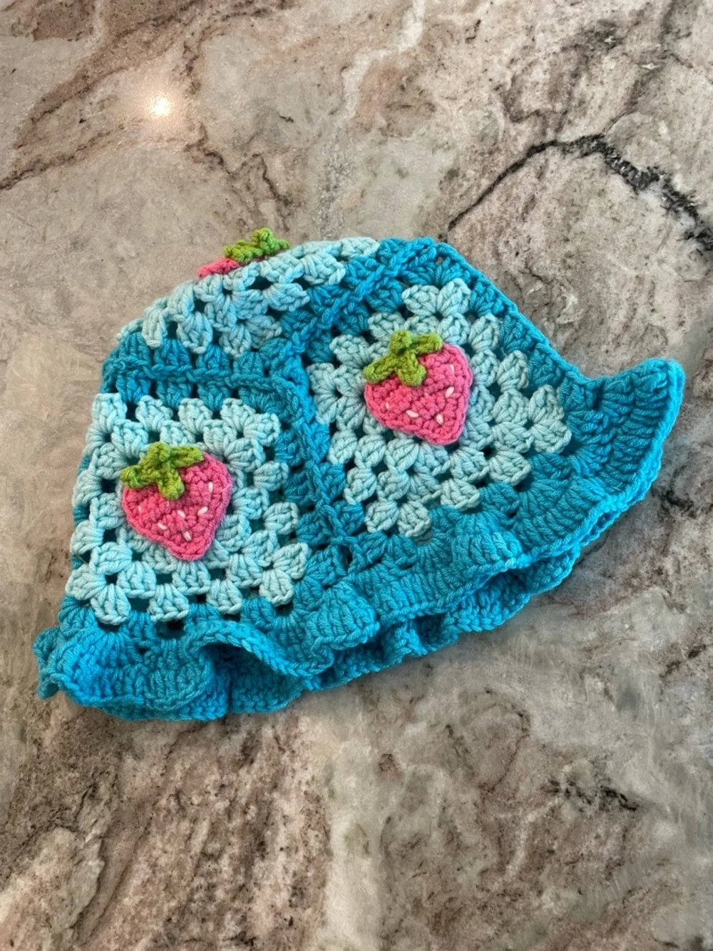 Strawberry Knitted Crochet Bucket Hat Y2K Granny Square Cap